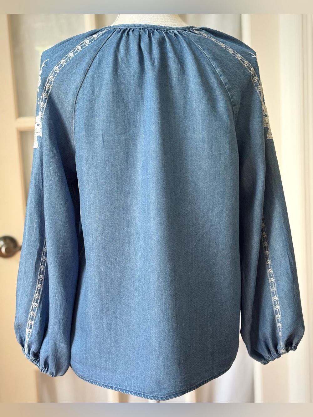Nanette Lepore Embroidered Lyocell Chambray Peasant Blouse | Small - Picture 3 of 8